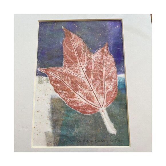 Maple Leaf Art Print Monotype Block Oil Ink Fall Autum Sz 5 x 7 Burgundy Green - Picture 4 of 7